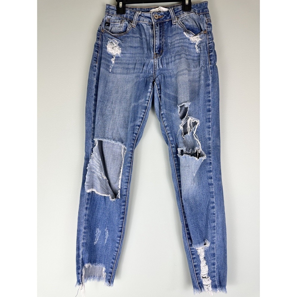 Kancan Mid Rise Light Wash Destroyed Distressed Skinny Jeans Women's Size 27/7